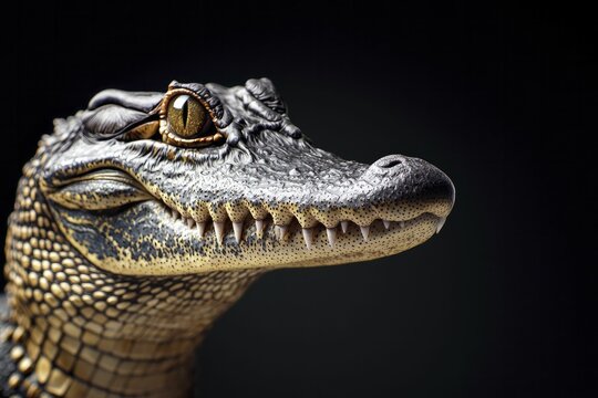 Crocodile hiding in darkness, lifelike portrait style, bold colors, detailed skin, open space for text, striking background.