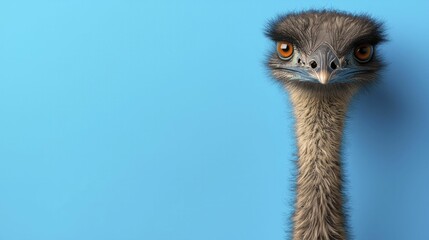 Emu in outback captured in realistic portrait style against vivid blue background, emphasizing textures and lighting with negative space for text.