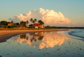Beachfront house surrounded by palm trees and waves lapping at sand