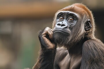 Obraz premium Gorilla lost in contemplation, lifelike portrait, bold vibrant colors, captivating layout, gentle gradients, ample space for text integration.
