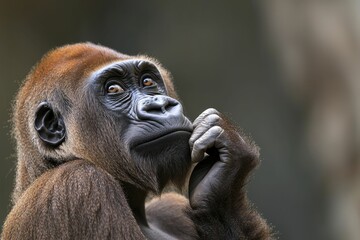 Obraz premium Gorilla in deep thought, realistic portrait, vibrant solid colors, engaging composition, subtle gradients, clear negative space for text inclusion.