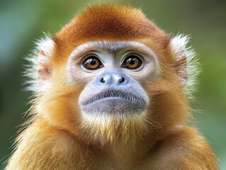Obraz premium Golden Snub-Nosed Monkey portrait photography featuring bright colors, sharp contrasts, and negative space, capturing realistic details and textures.