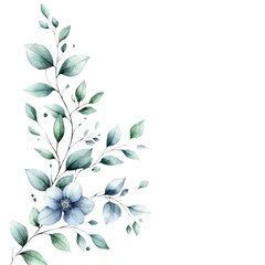 Watercolor Floral Corner Design with Blue Flowers and Green Leaves