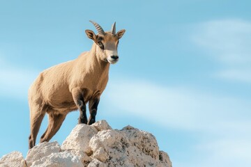 Obraz premium Ibex navigating rocky terrain captured in vivid portrait photography, showcasing striking background colors, rich textures, and dramatic lighting.