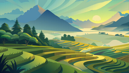 Vibrant sunrise over rolling hills and terraced fields in a serene landscape, showcasing lush greenery and distant mountains