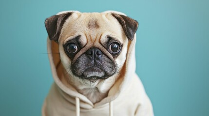 Pug wearing hoodie, hyper-realistic portrait, striking contrast background, vivid hues, ample space for text, highlighted textures and lighting.