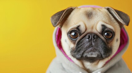 Pug in a hoodie, realistic portrait style, high-contrast background, vibrant colors, negative space for text, textures and lighting emphasized