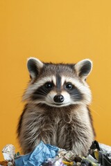 Raccoon with trash in realistic portrait style showcasing rich textures and dramatic lighting against a vibrant solid color backdrop. Open space for text.