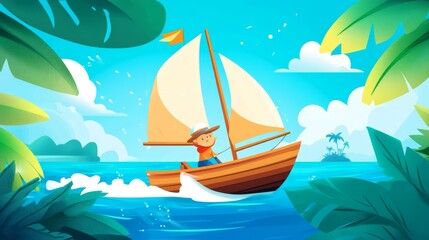 Cartoon Sailboat Adventure in Tropical Waters