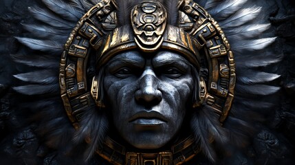 Close-up of a Native American man's face in a headdress, adorned with intricate gold and feathers.