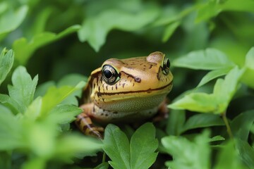 Fototapeta premium Salamander hiding in foliage, realistic portrait with high-contrast colors and dramatic lighting, ample negative space for text.