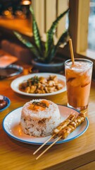 Kid?s meal with Hainanese chicken rice, skewers, and fruity drink on table