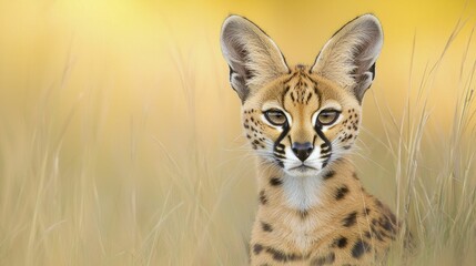 Fototapeta premium Serval stalking through tall grass, dramatic lighting accentuating fur textures against a rich solid backdrop, generous space for overlay text.