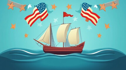 Vintage Sailing Ship with American Flags and Festive Decorations