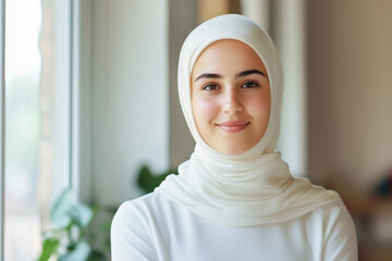 A Smiling Hispanic Young Woman in Hijab by Window