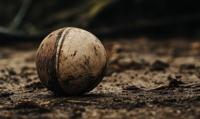 A close-up of a worn cricket ball resting on the ground with ample copy space for promotional use in sports-related content