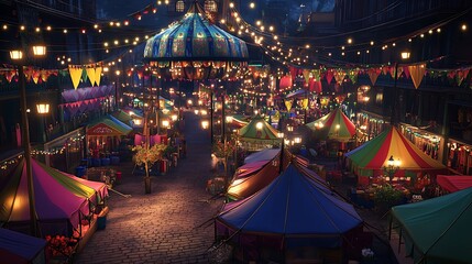 A vibrant market square filled with colorful tents shimmering lights and festive banners