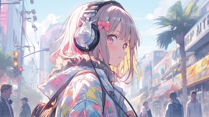 A girl walking on the streets of Harajuku, listening to music with stylish headphones 80s anime rainbow retro fashion	
