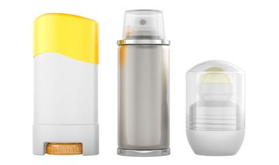 Set of deodorants. Deodorant stick, solid antiperspirant deodorant, roll-on deodorant bottle and metal bottle spray aerosol. 3D rendering isolated on transparent background