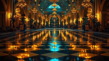 Fototapeta premium Grand, ornate lobby with a checkerboard floor and chandeliers.