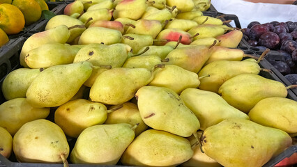 Yellow ripe pears in the fruit aisle at the market.