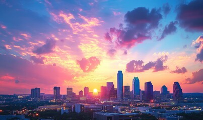 Obraz premium A city skyline with a beautiful sunset in the background