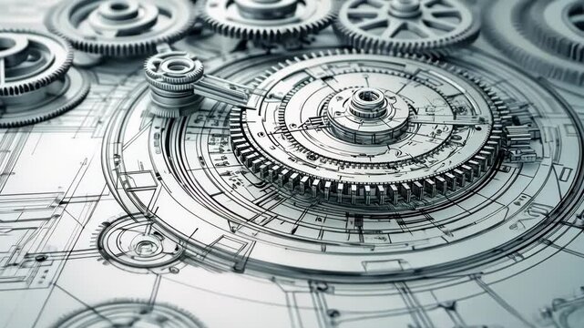 Metal gears interlock on a blueprint, creating a complex and intricate machine