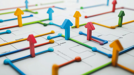 abstract business man stands on the peak of success amid tall, innovative Arrows point the way to success. and graphs with statistics to analyze business potential and predict future developments in