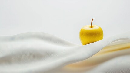   An apple sits atop white fabric in a sea of waves, its yellow hue standing out against the fabric's background