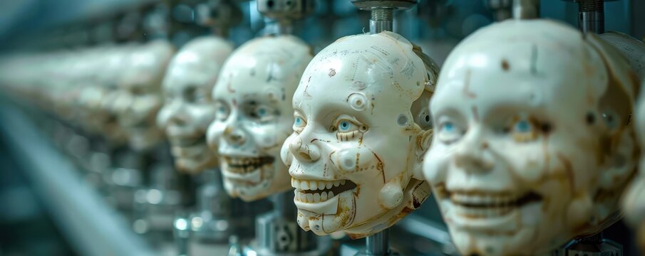 A line of identical human-like faces being produced on a factory conveyor belt. Free copy space for text.
