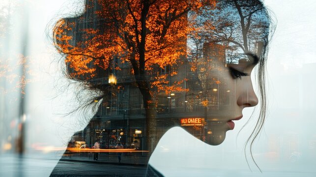 A woman's silhouette in double exposure with autumn trees and city lights at dusk - Powered by Adobe