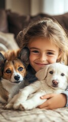 Happy Child Cuddling Two Adorable Puppies Indoors