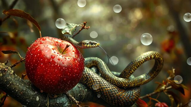 A snake wraps around a red apple on a tree branch, with glistening drops of water on the fruit and floating bubbles in the background