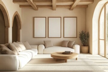 Fototapeta premium A living room with a white couch and a coffee table. There are three empty picture frames on the wall