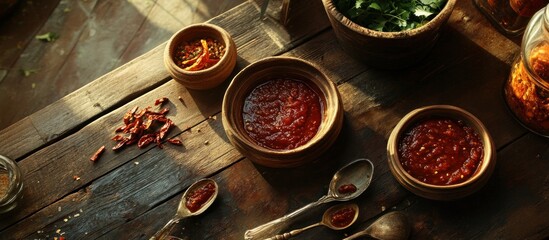 Spicy chili sauce in a wooden bowl on a rustic wooden table.