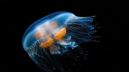 Fototapeta premium Close-up image of a jellyfish against dark backdrop with center yellow spot on jellyfish's head