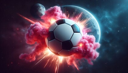 Naklejka premium A photorealistic soccer ball depicted as a planet in space, surrounded by pink smoke and explosions, with two moons visible in the background; digital art.