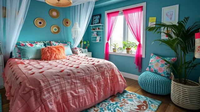 A modern, bright bedroom with comfortable furniture, stylish design, and colorful decor for a teenager