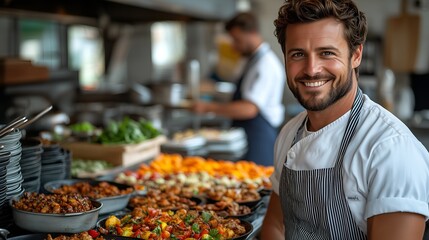 Chef presenting a vibrant display of prepared dishes in a bustling restaurant kitchen