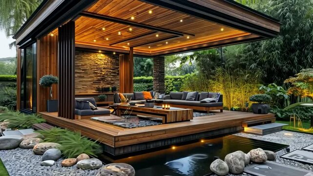 A modern garden patio design with luxurious furnishings and lush landscaping is perfect for an evening out.