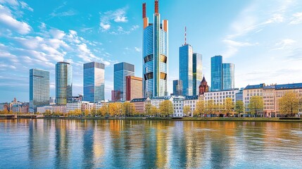 Obraz premium Modern cityscape with skyscrapers reflected in the water.