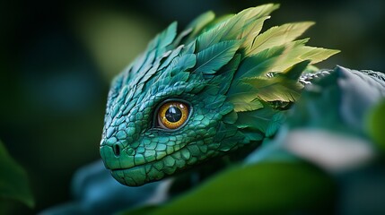 Fototapeta premium A close-up of a small, green, feathery lizard with bright yellow eyes.