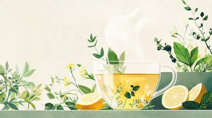   A painting of a cup of tea with lemons and green leaves on a table beside a potted plant