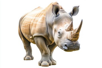 Fototapeta premium A rhinoceros is isolated in the center, displaying its characteristic features and strong physique. The animal appears calm and alert, highlighting its majestic presence in the wild.