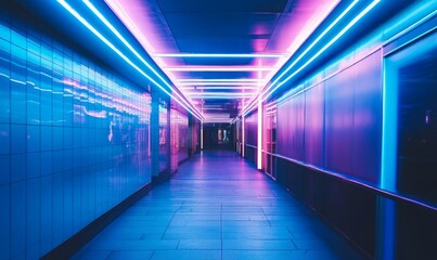 Blue white purple neon lights on ceiling and wall