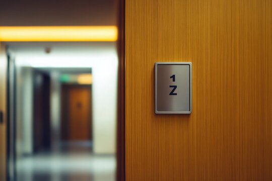 A sleek room number sign, marked with 1Z, is prominently placed on a polished wooden door in a contemporary hallway, illuminated by soft overhead lighting.