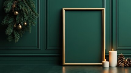 Elegant gold frame with candles and pine cones against a green wall for cozy holiday decor