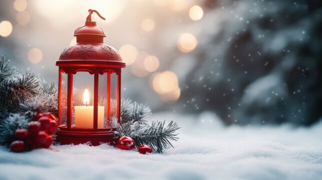 Festive red lantern with candle amidst snowy pine and bokeh lights