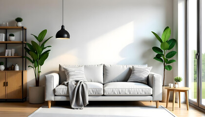 Naklejka premium modern minimalist living room interior The room features a light gray sofa
