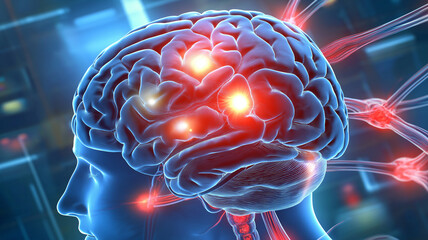 Illuminated brain diagram shows signs of stroke, dementia, and illness, highlighting affected areas in red, representing cognitive decline and memory loss in elderly healthcare
